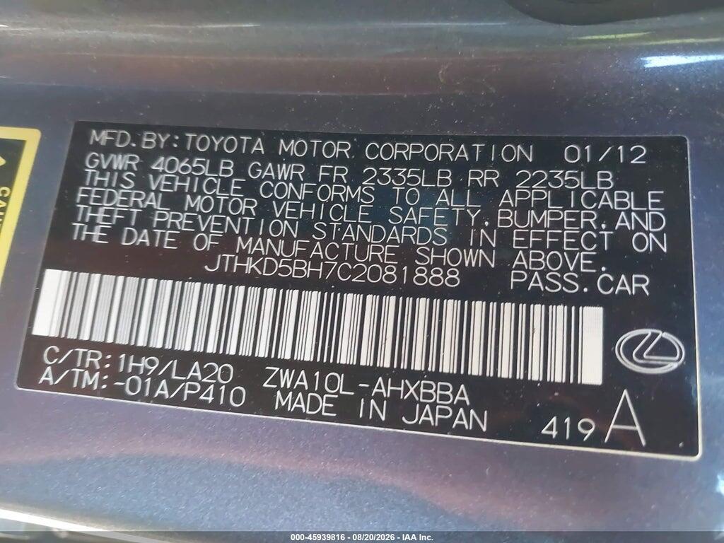 JTHKD5BH7C2081888 2012 LEXUS CT 200H photo no. 9