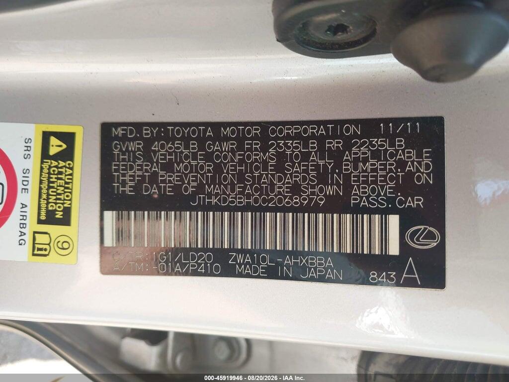 JTHKD5BH0C2068979 2012 LEXUS CT 200H photo no. 9