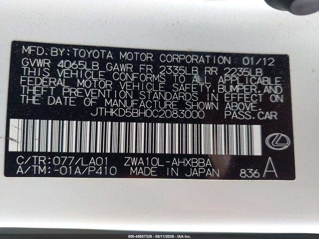 JTHKD5BH0C2083000 2012 LEXUS CT 200H photo no. 9