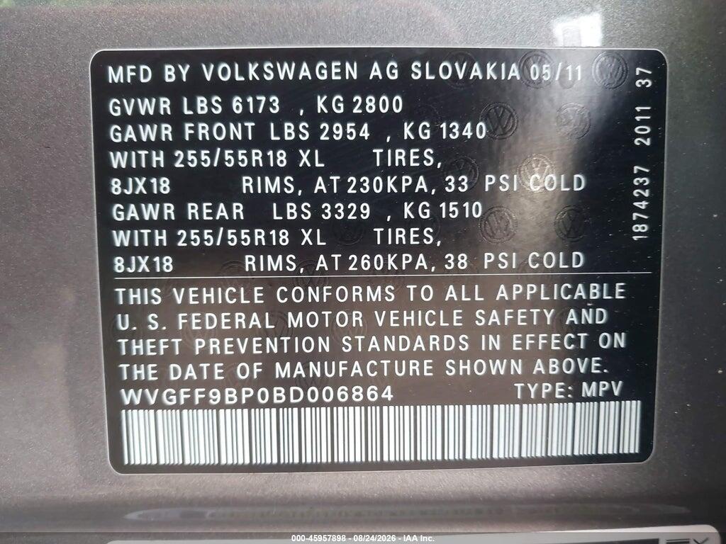 WVGFF9BP0BD006864 2011 VOLKSWAGEN TOUAREG photo no. 9