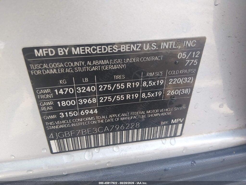 4JGBF7BE3CA796228 2012 MERCEDES-BENZ GL 450 photo no. 9