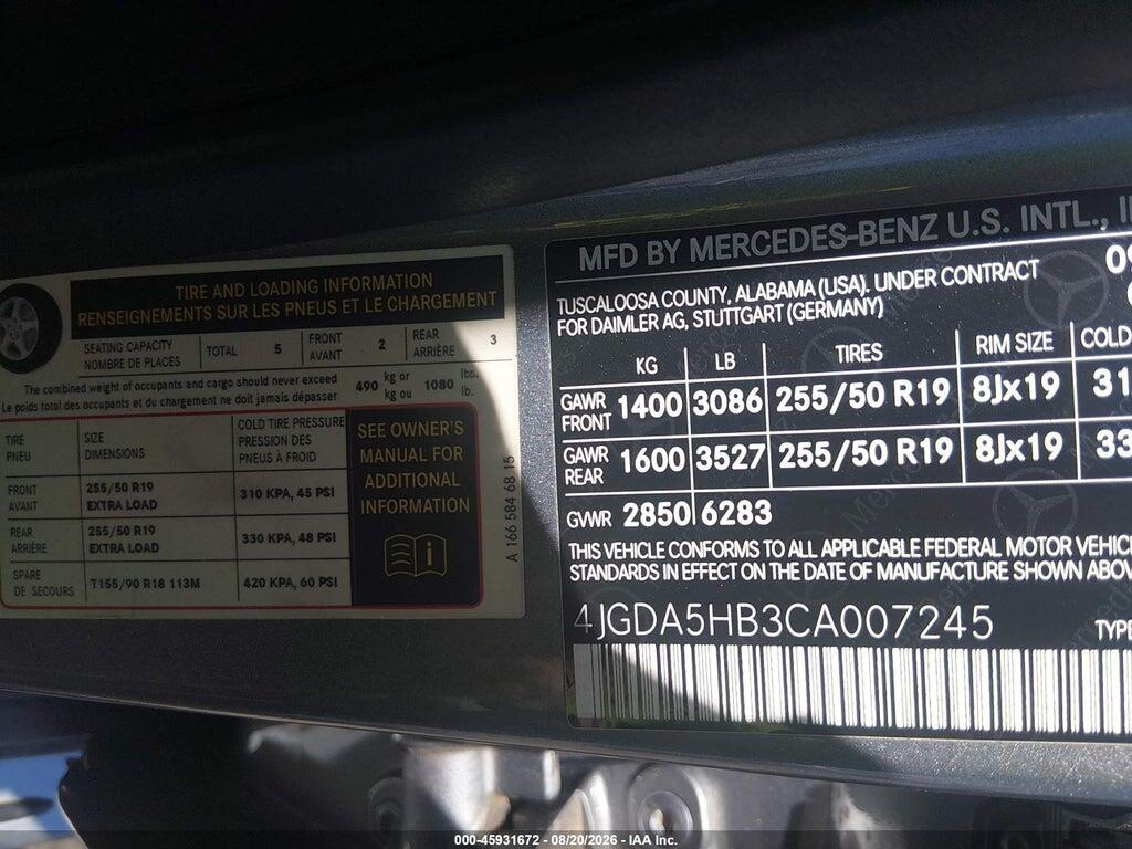 4JGDA5HB3CA007245 2012 MERCEDES-BENZ ML 350 photo no. 9