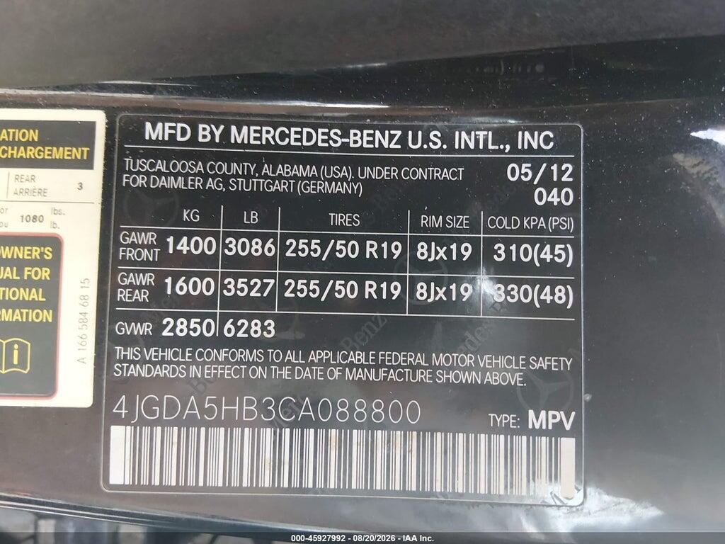 4JGDA5HB3CA088800 2012 MERCEDES-BENZ ML 350 photo no. 9