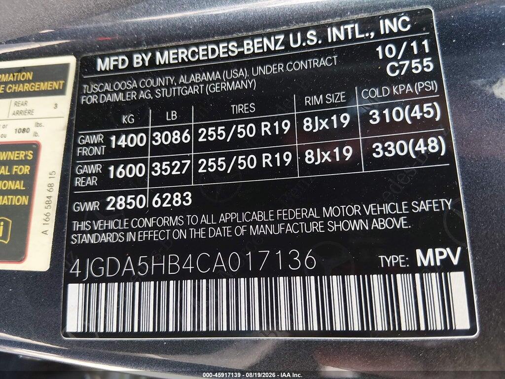4JGDA5HB4CA017136 2012 MERCEDES-BENZ ML 350 photo no. 9