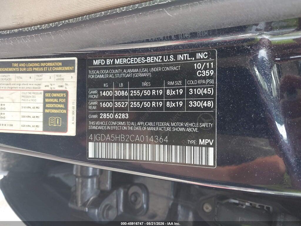 4JGDA5HB2CA014364 2012 MERCEDES-BENZ ML 350 photo no. 9