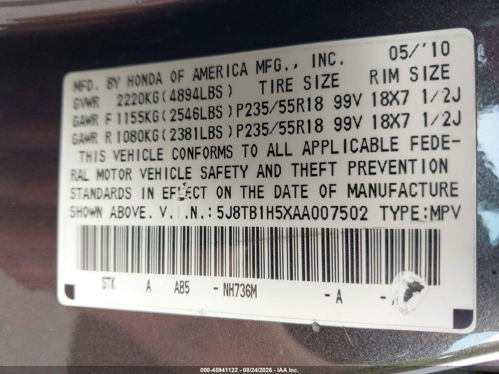 5J8TB1H5XAA007502 2010 ACURA RDX photo no. 9