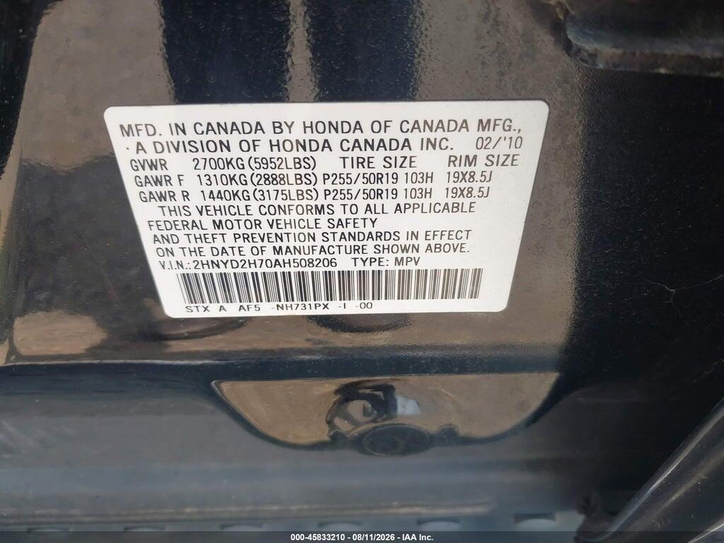 2HNYD2H70AH508206 2010 ACURA MDX photo no. 9