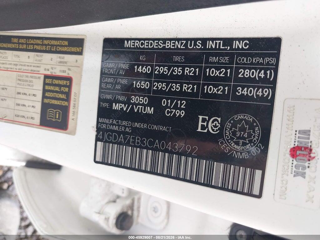 4JGDA7EB3CA043792 2012 MERCEDES-BENZ ML 63 AMG photo no. 9