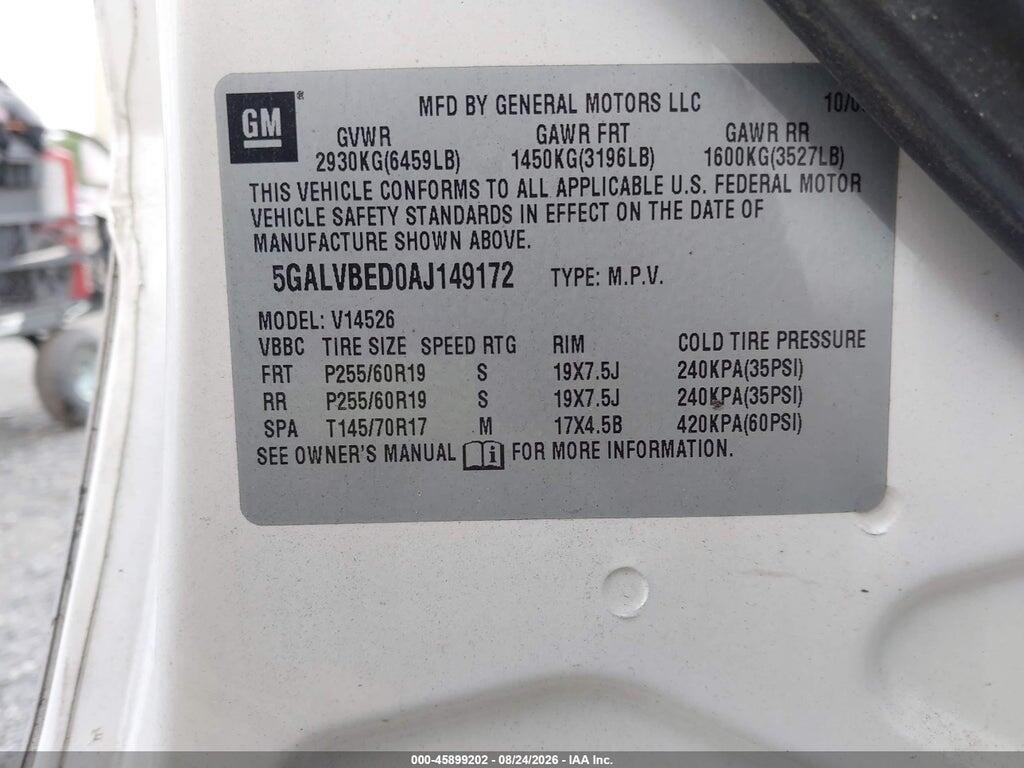 5GALVBED0AJ149172 2010 BUICK ENCLAVE photo no. 9