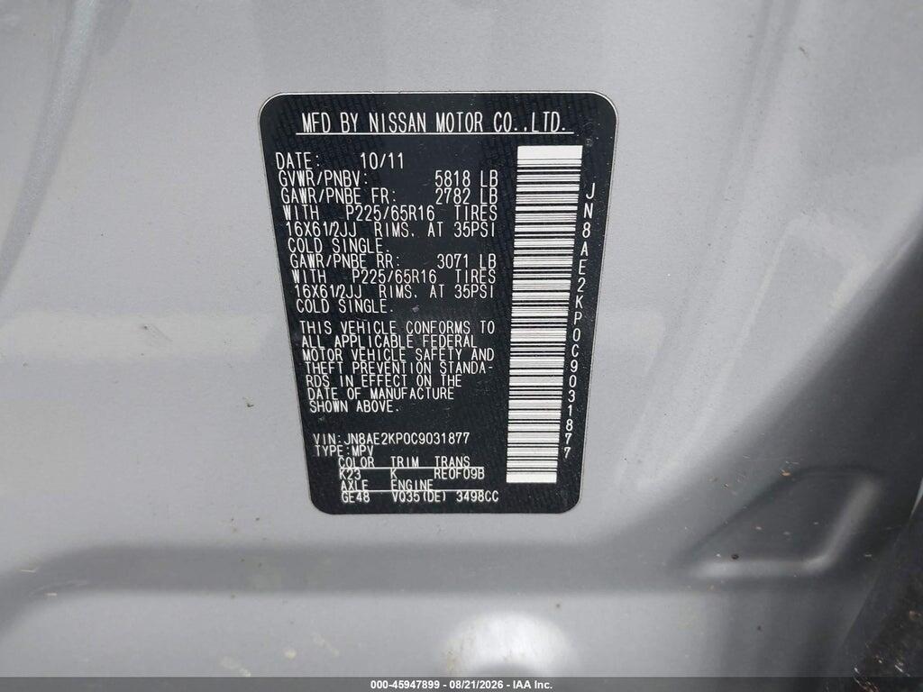 JN8AE2KP0C9031877 2012 NISSAN QUEST photo no. 9