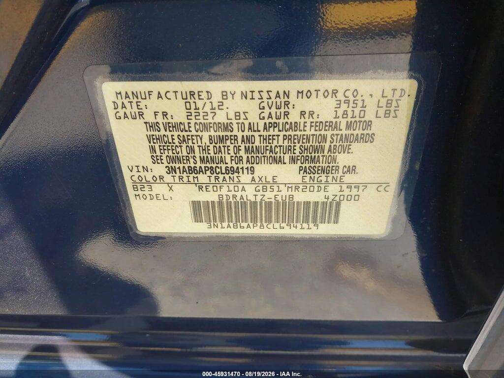 3N1AB6AP8CL694119 2012 NISSAN SENTRA photo no. 9