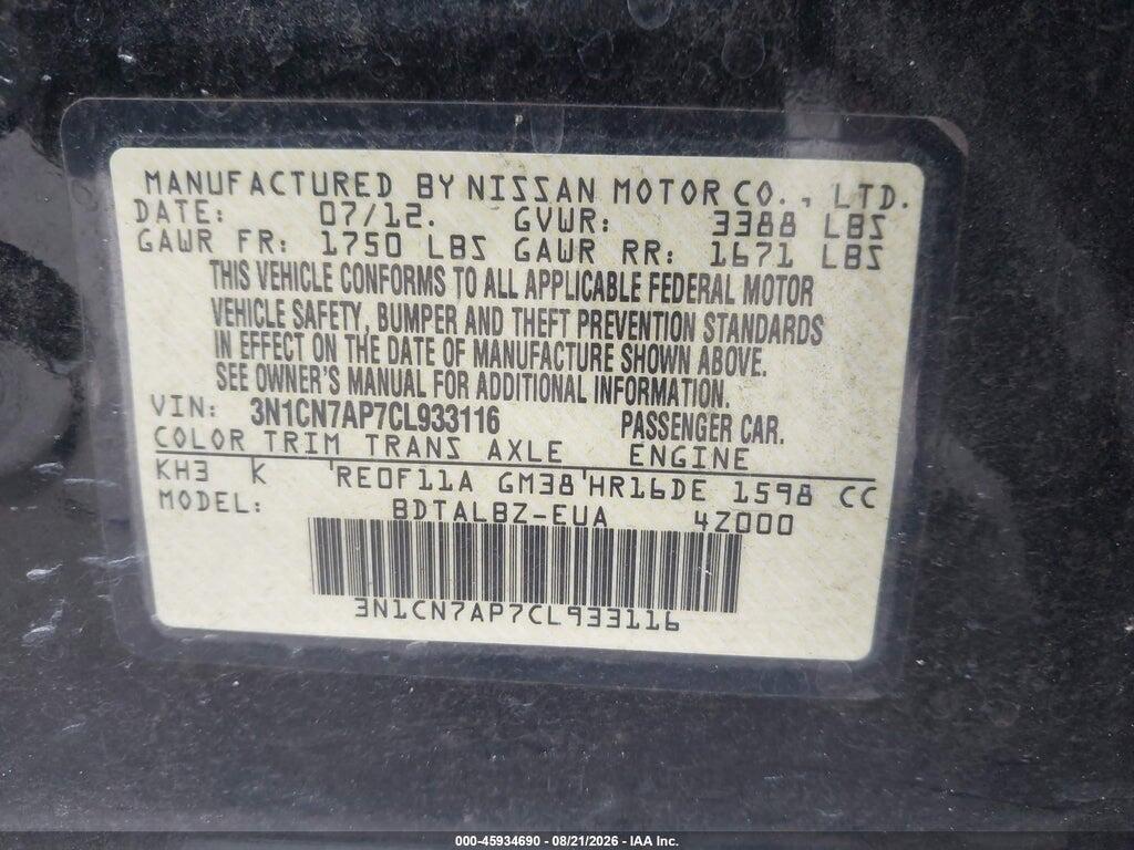 3N1CN7AP7CL933116 2012 NISSAN VERSA photo no. 9