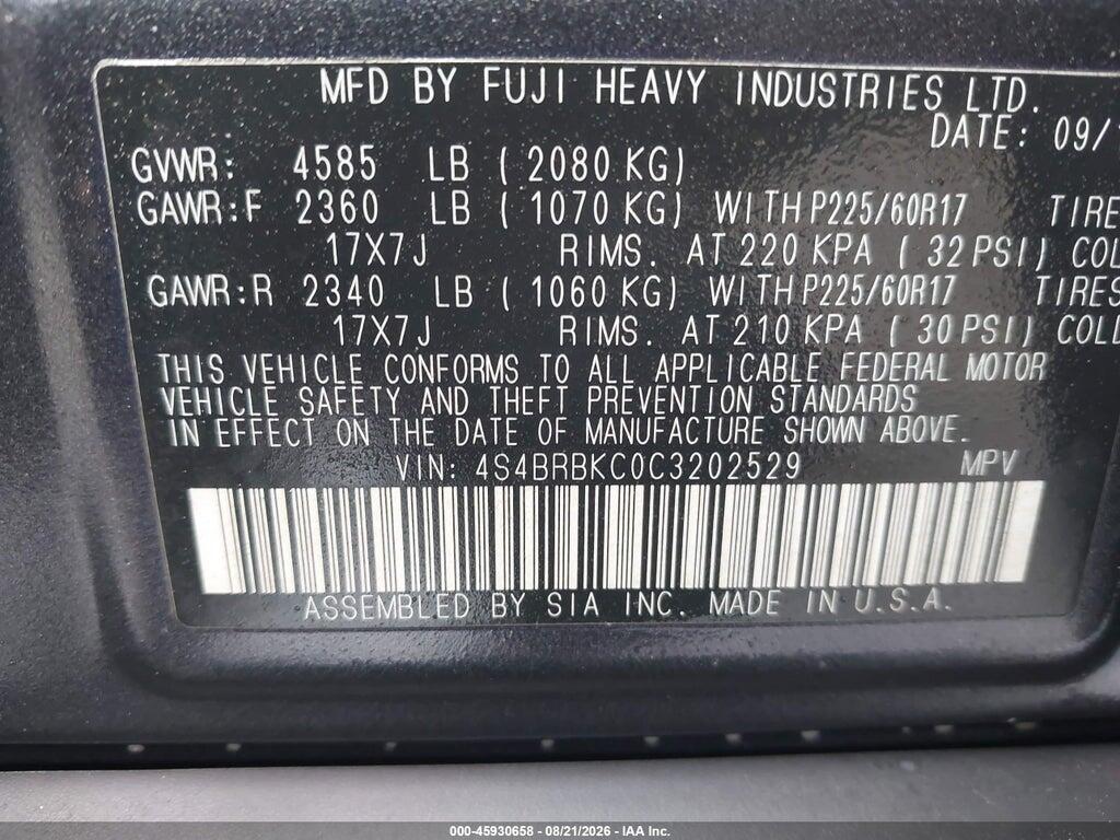4S4BRBKC0C3202529 2012 SUBARU OUTBACK photo no. 9