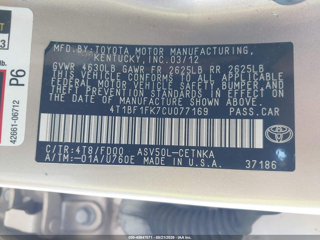 4T1BF1FK7CU077169 2012 TOYOTA CAMRY photo no. 9