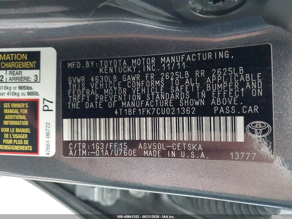 4T1BF1FK7CU021362 2012 TOYOTA CAMRY photo no. 9