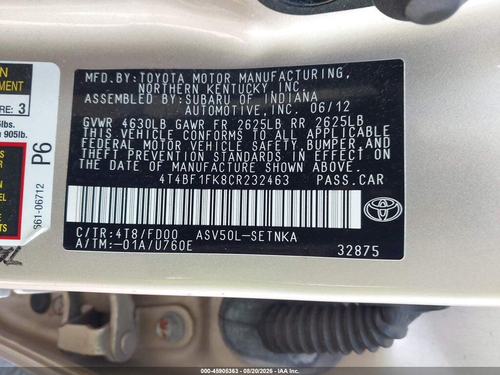 4T4BF1FK8CR232463 2012 TOYOTA CAMRY photo no. 9