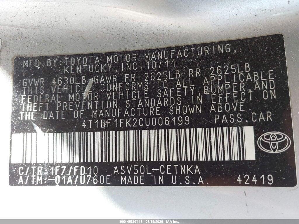4T1BF1FK2CU006199 2012 TOYOTA CAMRY photo no. 9