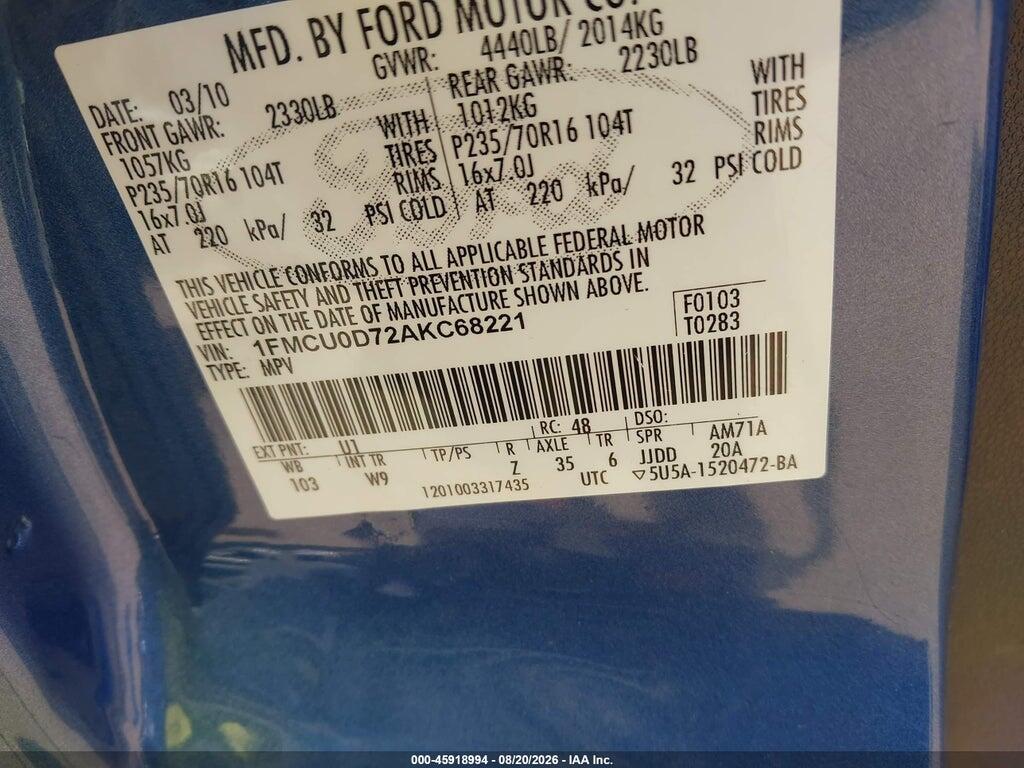 1FMCU0D72AKC68221 2010 FORD ESCAPE photo no. 9