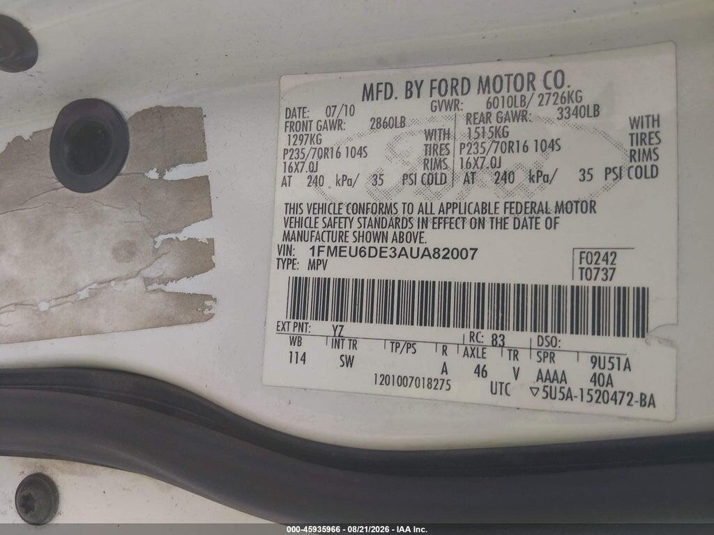 1FMEU6DE3AUA82007 2010 FORD EXPLORER photo no. 9