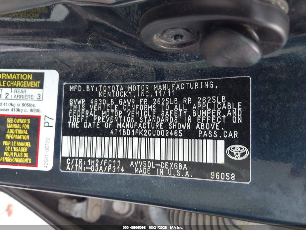 4T1BD1FK2CU002465 2012 TOYOTA CAMRY HYBRID photo no. 9