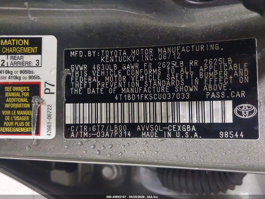 4T1BD1FK5CU037033 2012 TOYOTA CAMRY HYBRID photo no. 9