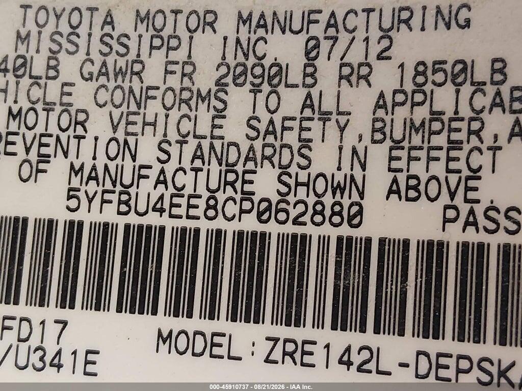 5YFBU4EE8CP062880 2012 TOYOTA COROLLA photo no. 9