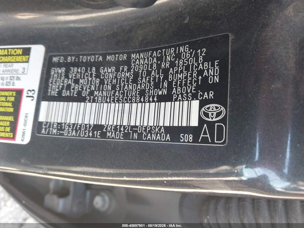 2T1BU4EE5CC884844 2012 TOYOTA COROLLA photo no. 9