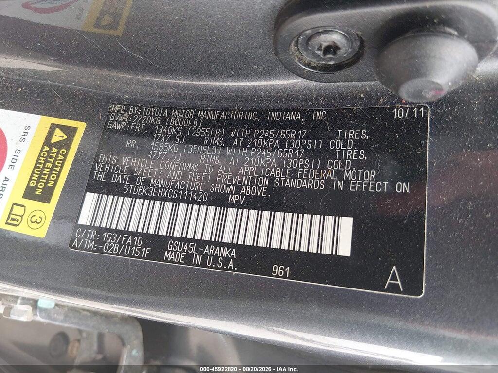 5TDBK3EHXCS111420 2012 TOYOTA HIGHLANDER photo no. 9