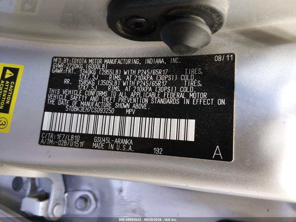 5TDBK3EH7CS093250 2012 TOYOTA HIGHLANDER photo no. 9