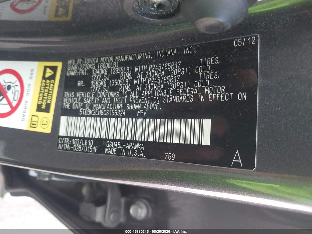 5TDBK3EH8CS156324 2012 TOYOTA HIGHLANDER photo no. 9