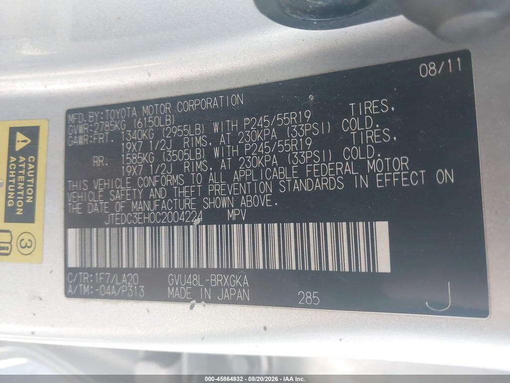 JTEDC3EH0C2004224 2012 TOYOTA HIGHLANDER HYBRID photo no. 9