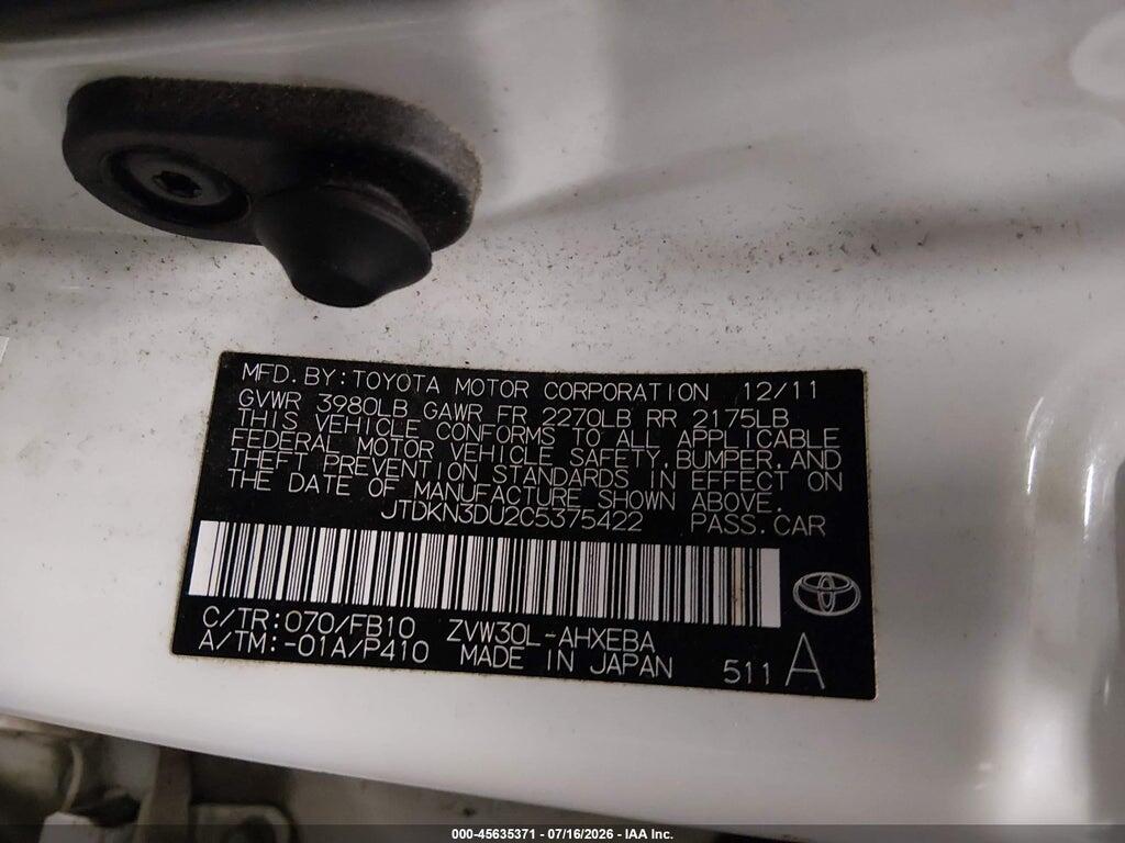 JTDKN3DU2C5375422 2012 TOYOTA PRIUS photo no. 9