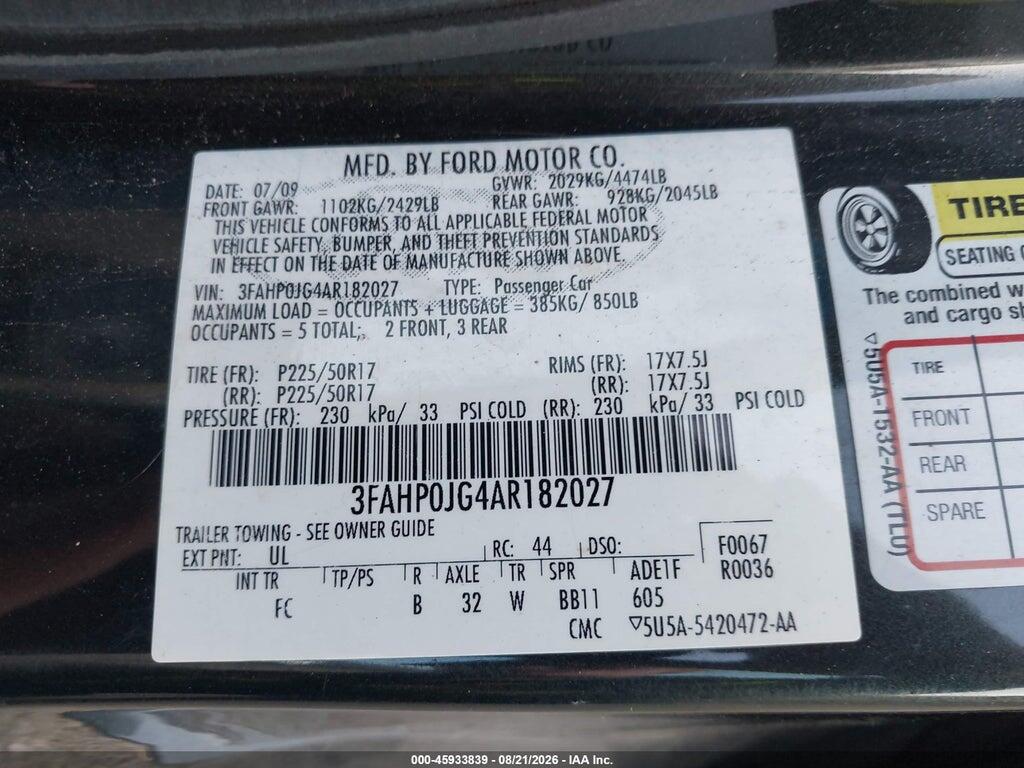 3FAHP0JG4AR182027 2010 FORD FUSION photo no. 9