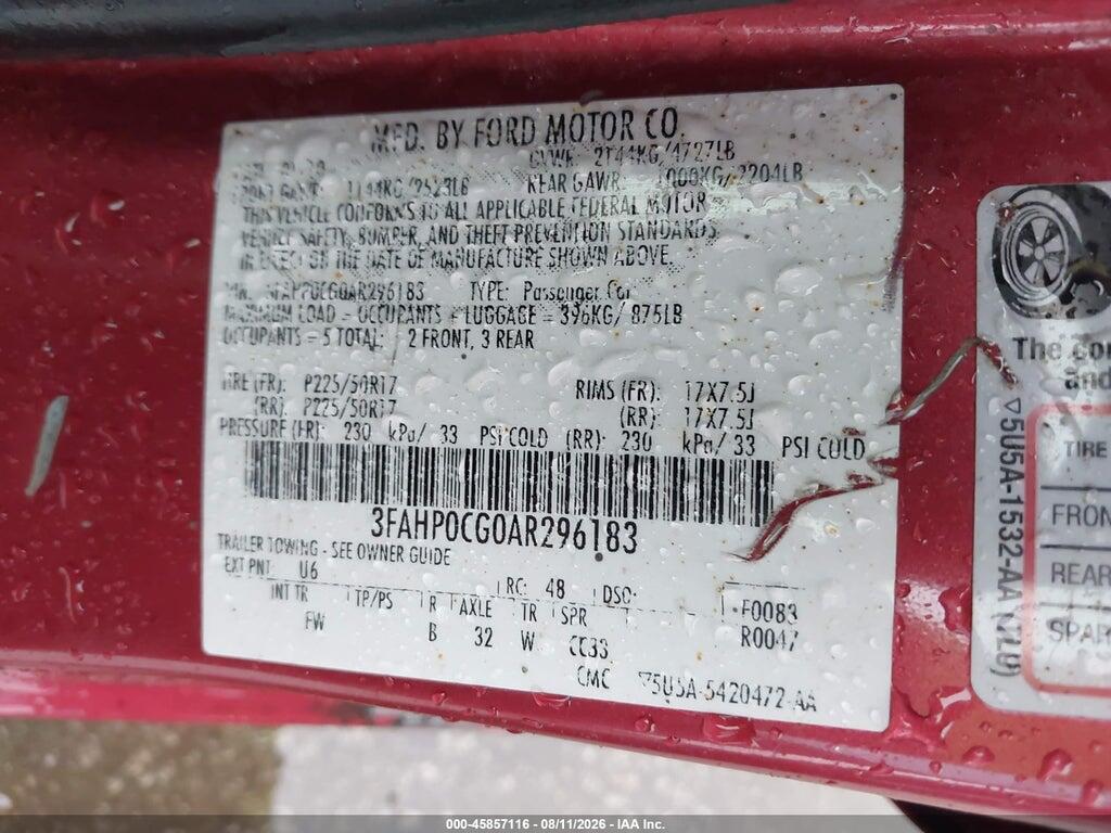 3FAHP0CG0AR296183 2010 FORD FUSION photo no. 9