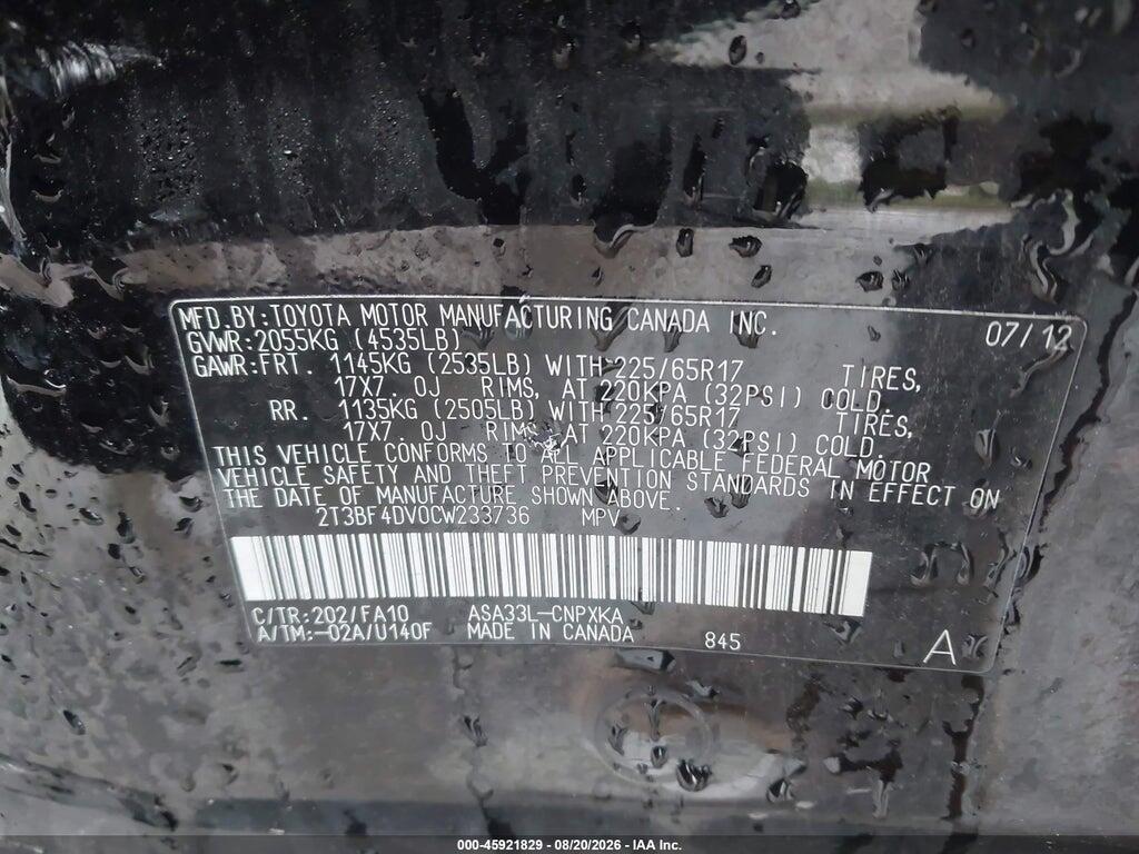 2T3BF4DV0CW233736 2012 TOYOTA RAV4 photo no. 9