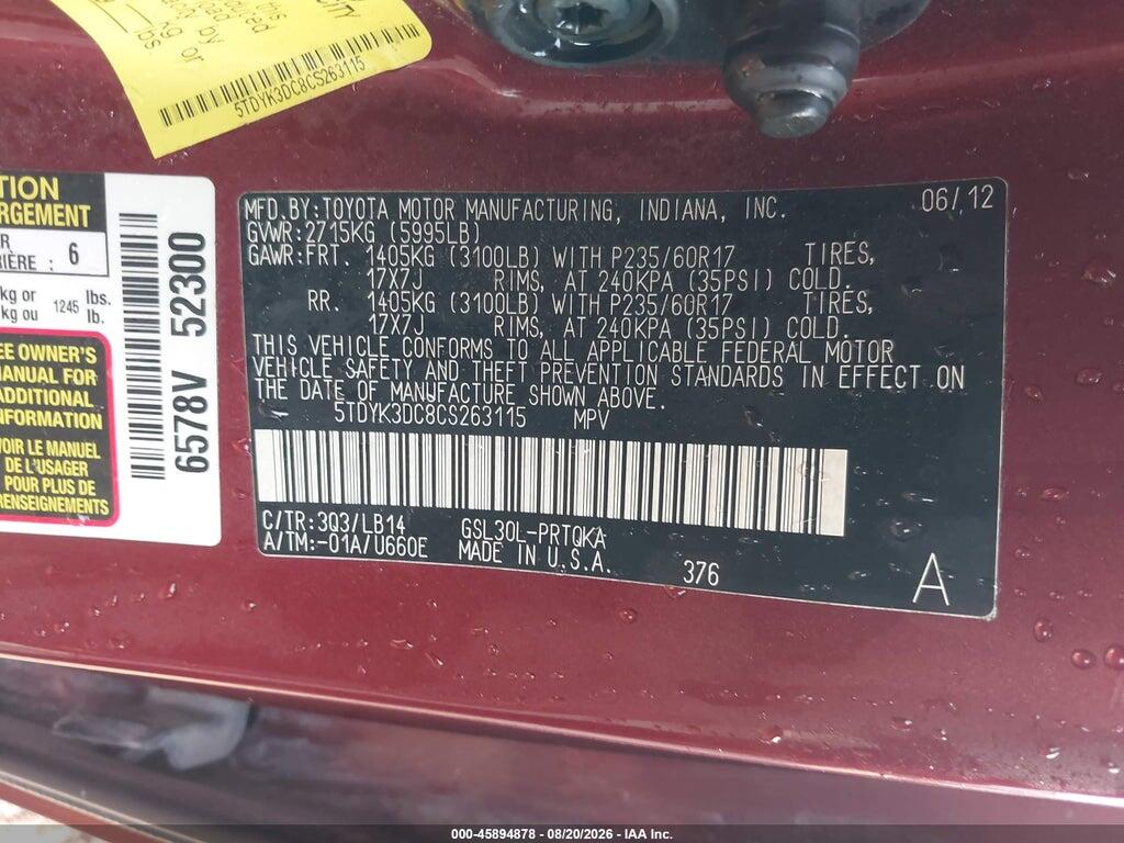 5TDYK3DC8CS263115 2012 TOYOTA SIENNA photo no. 9