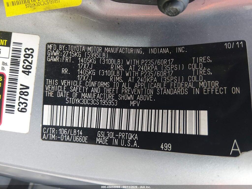 5TDYK3DC3CS195953 2012 TOYOTA SIENNA photo no. 9