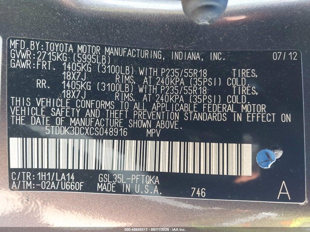 5TDDK3DCXCS048916 2012 TOYOTA SIENNA photo no. 9