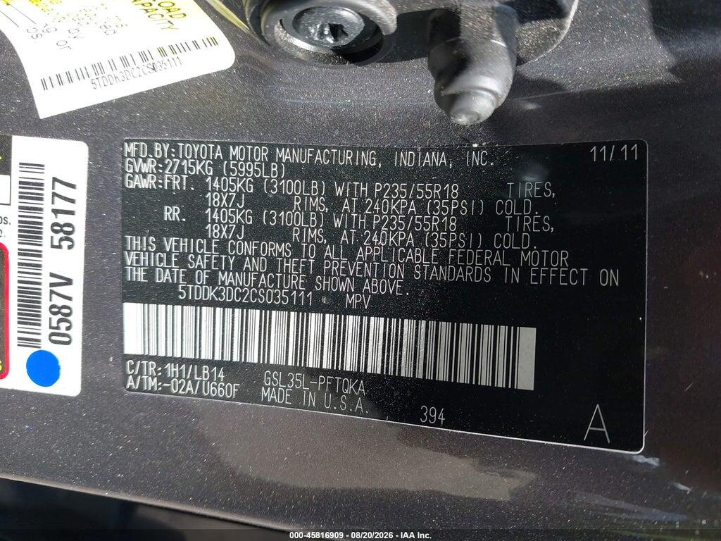 5TDDK3DC2CS035111 2012 TOYOTA SIENNA photo no. 9