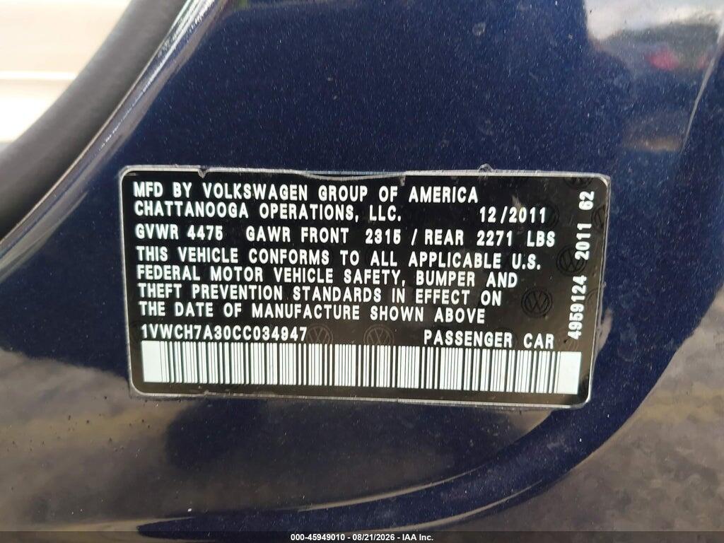 1VWCH7A30CC034947 2012 VOLKSWAGEN PASSAT photo no. 9