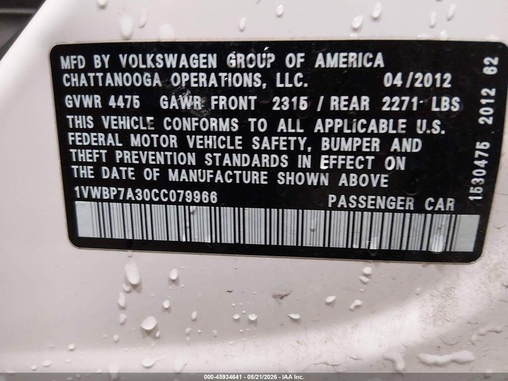 1VWBP7A30CC079966 2012 VOLKSWAGEN PASSAT photo no. 9