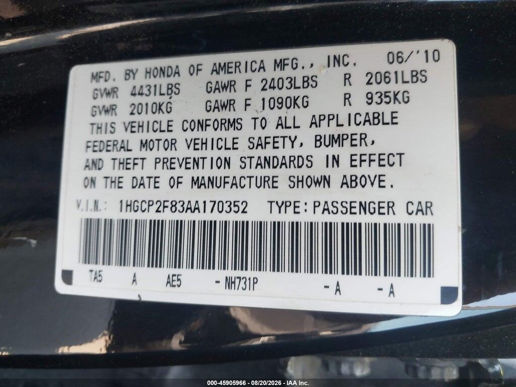 1HGCP2F83AA170352 2010 HONDA ACCORD photo no. 9