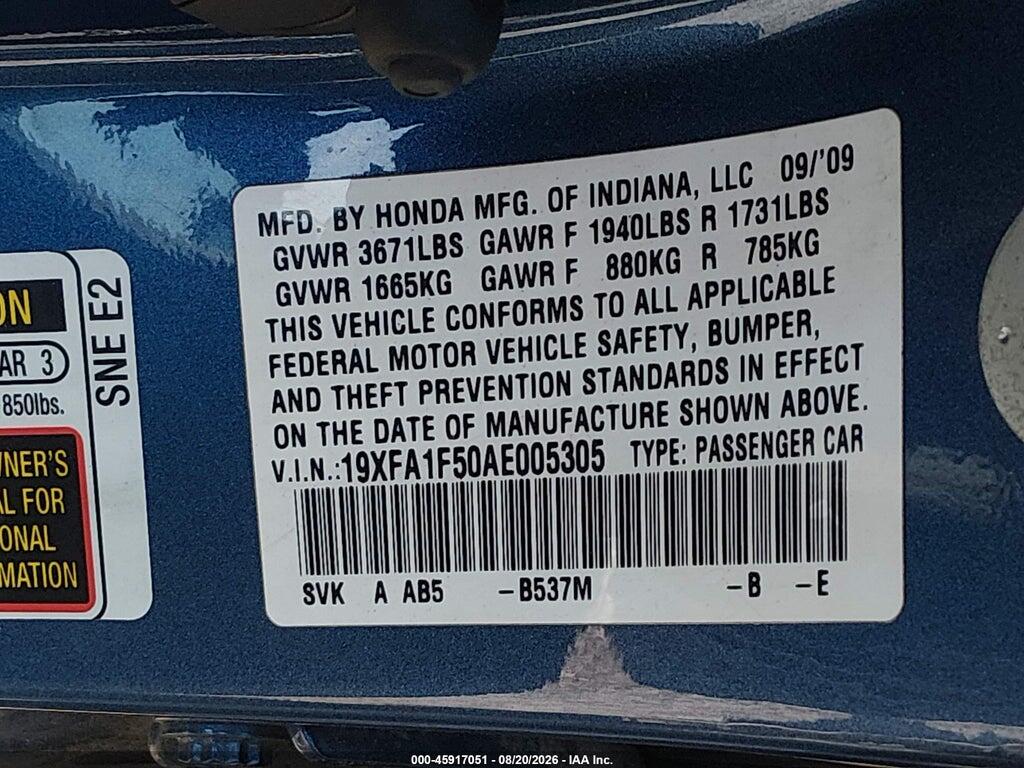 19XFA1F50AE005305 2010 HONDA CIVIC photo no. 9