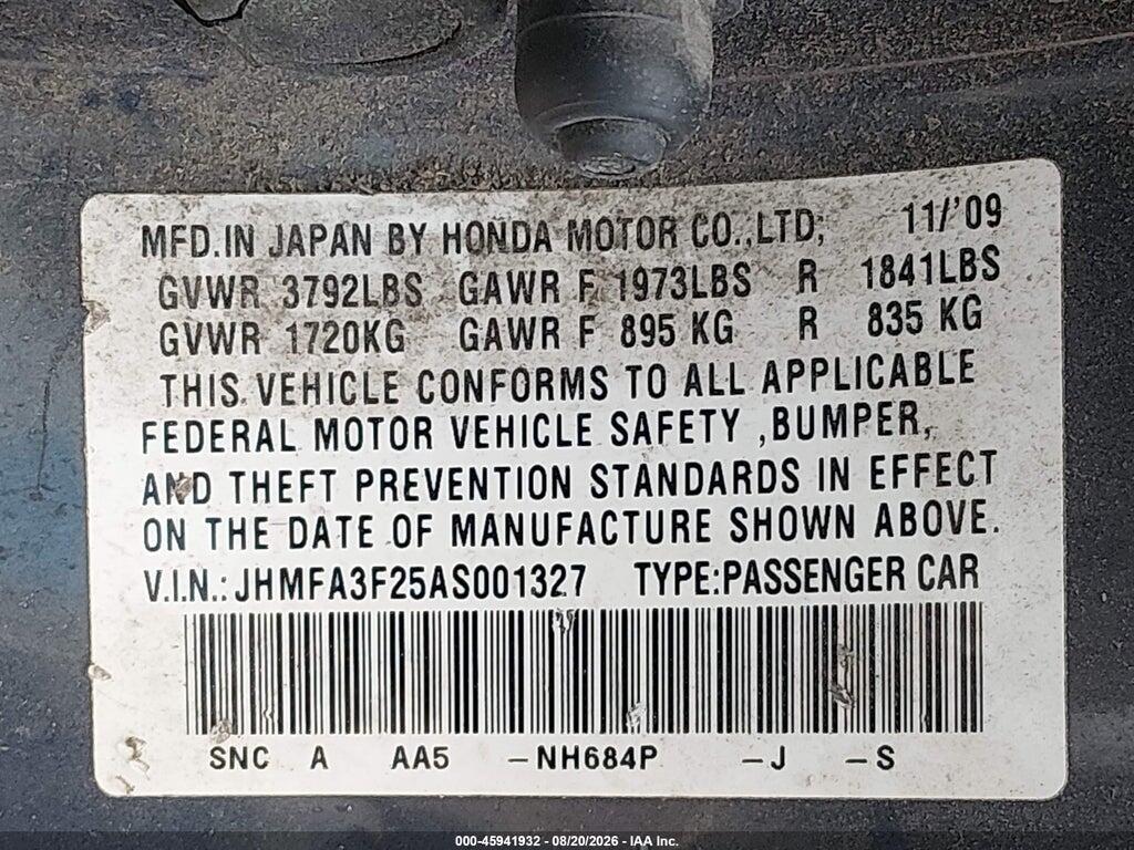JHMFA3F25AS001327 2010 HONDA CIVIC HYBRID photo no. 9