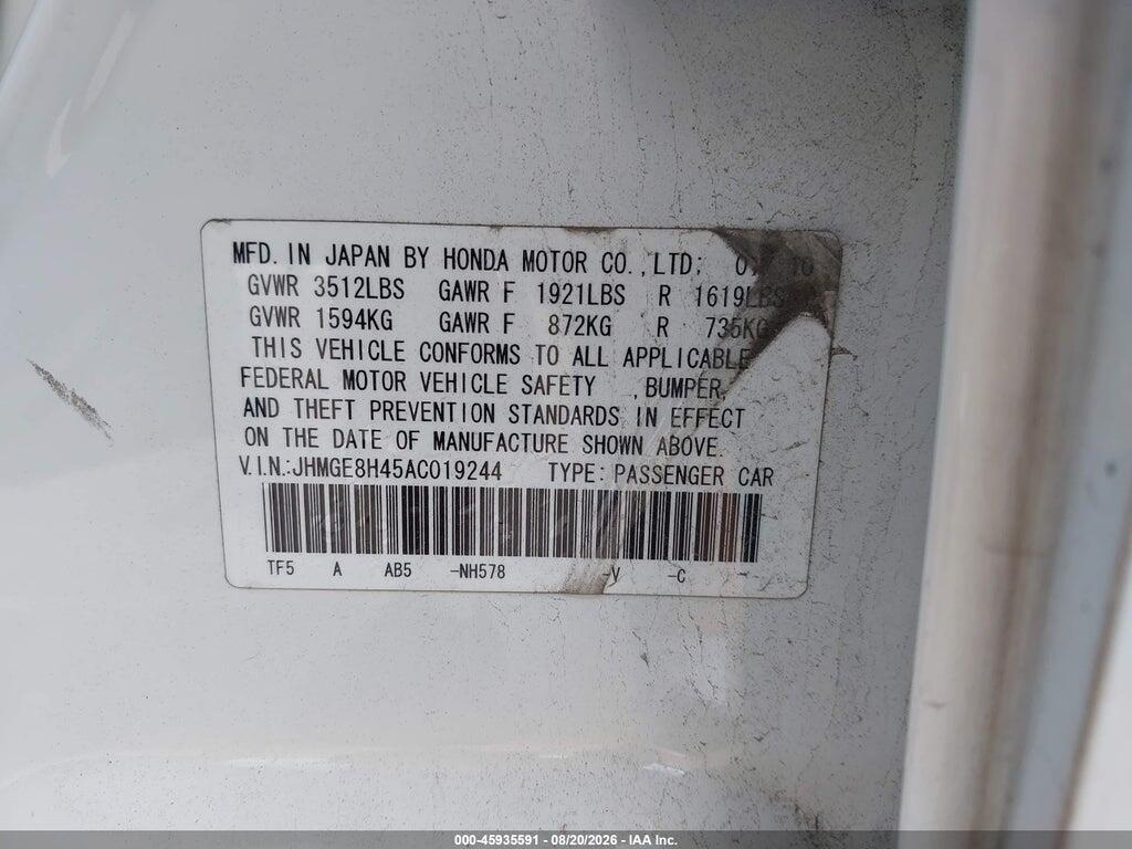 JHMGE8H45AC019244 2010 HONDA FIT photo no. 9