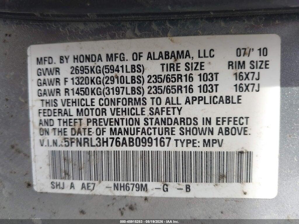 5FNRL3H76AB099167 2010 HONDA ODYSSEY photo no. 9
