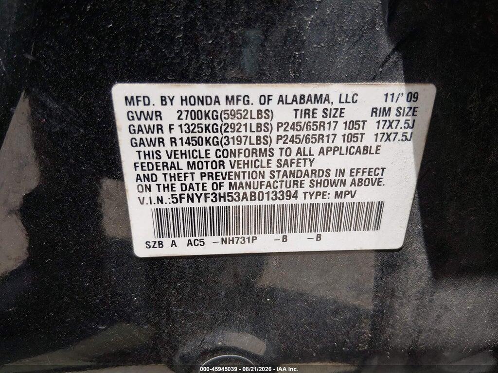 5FNYF3H53AB013394 2010 HONDA PILOT photo no. 9