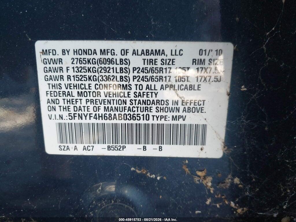 5FNYF4H68AB036510 2010 HONDA PILOT photo no. 9