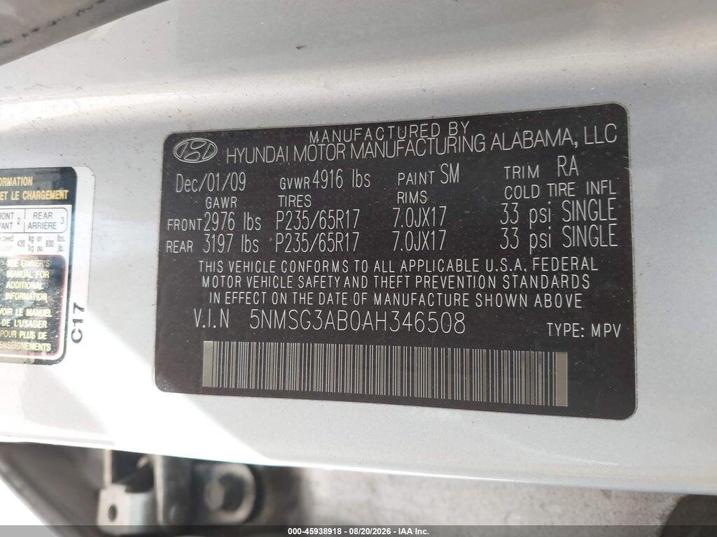5NMSG3AB0AH346508 2010 HYUNDAI SANTA FE photo no. 9