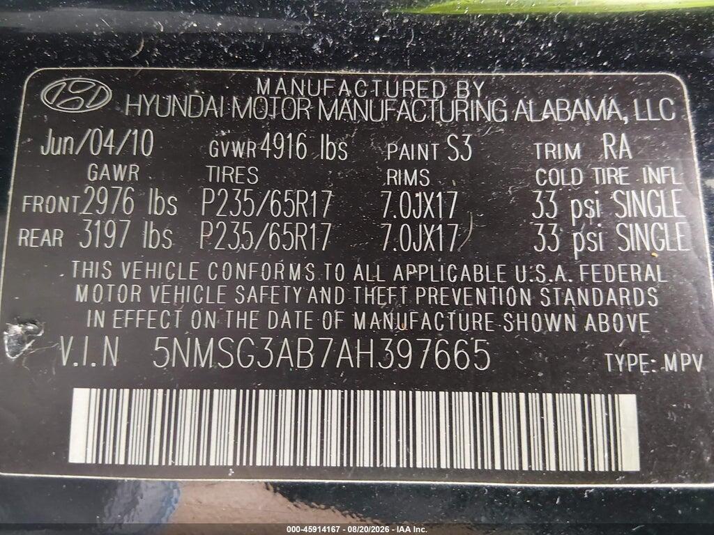 5NMSG3AB7AH397665 2010 HYUNDAI SANTA FE photo no. 9